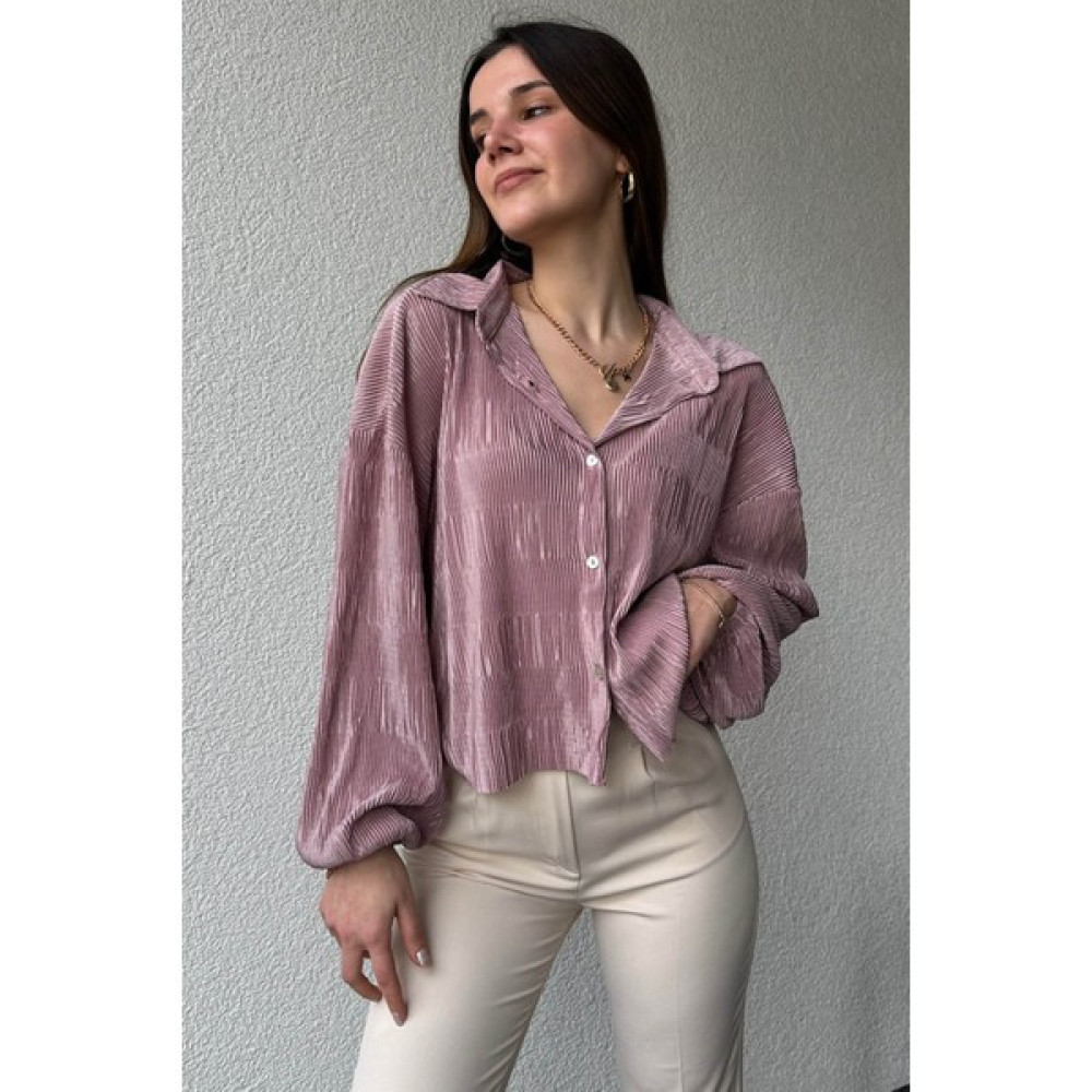 Cappmoda GML-10235 Gül Kurusu Rengi Pileli Desen Krinkıl Kumaş Gömlek Kadın Gömlek Fiyatı