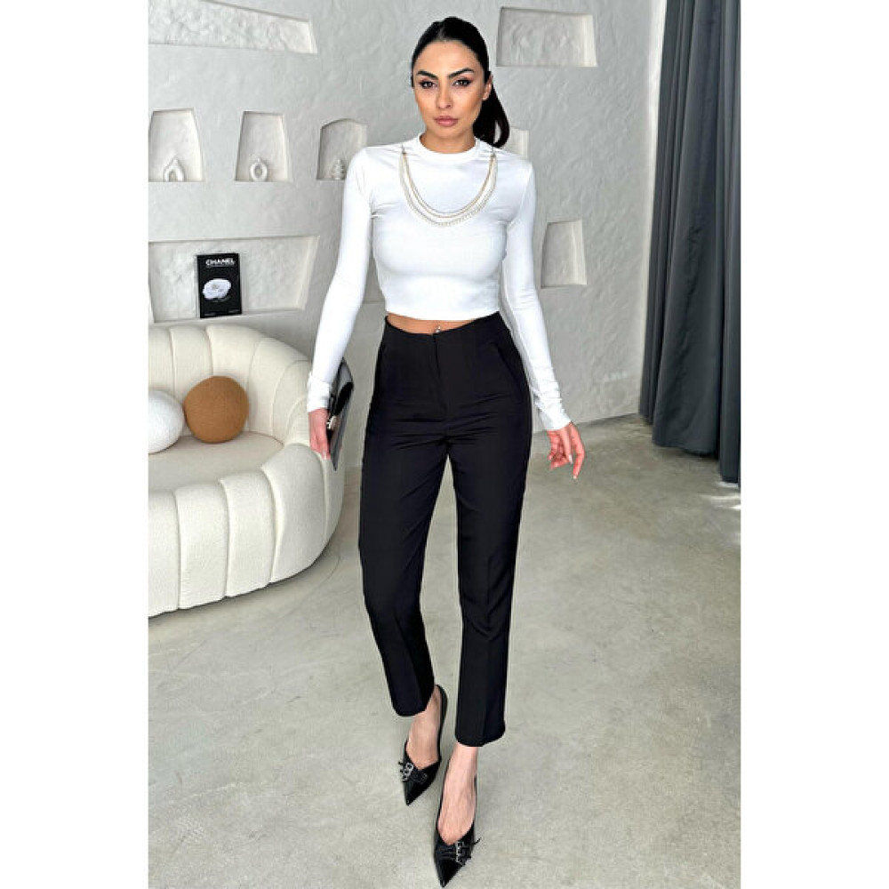 Cappmoda PNT-07369 Siyah Pensli Yüksek Bel Atlas Kumaş Pantolon Kadın Pantolon Fiyatı