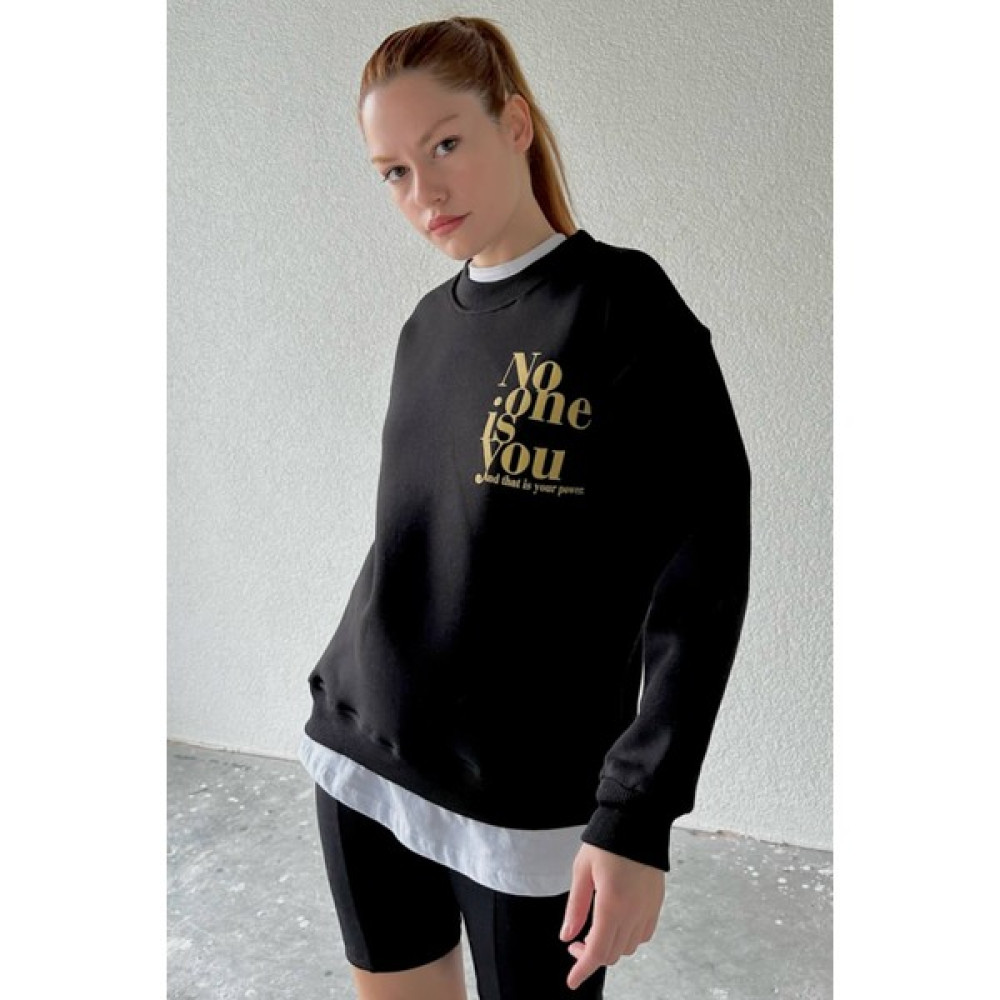 Cappmoda SWT-14242 Siyah No One Yazı Baskılı Üç İplik Şardonlu Salaş Sweatshirt Bayan Sweatshirt Fiyatı