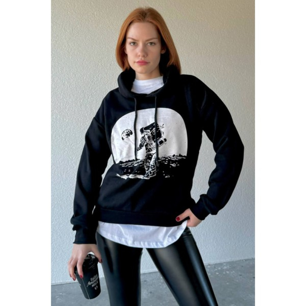 Cappmoda SWT-14251 Siyah Uzay Baskılı Kapüşonlu Iki Iplik Mevsimlik Sweatshirt Bayan Sweatshirt Fiyatı