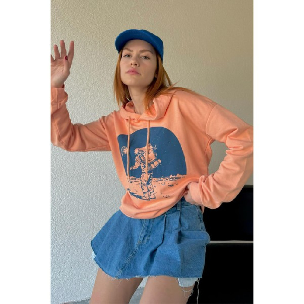 Cappmoda SWT-14251 Yavruağzı Uzay Baskılı Kapüşonlu Iki Iplik Mevsimlik Sweatshirt Bayan Sweatshirt Fiyatı