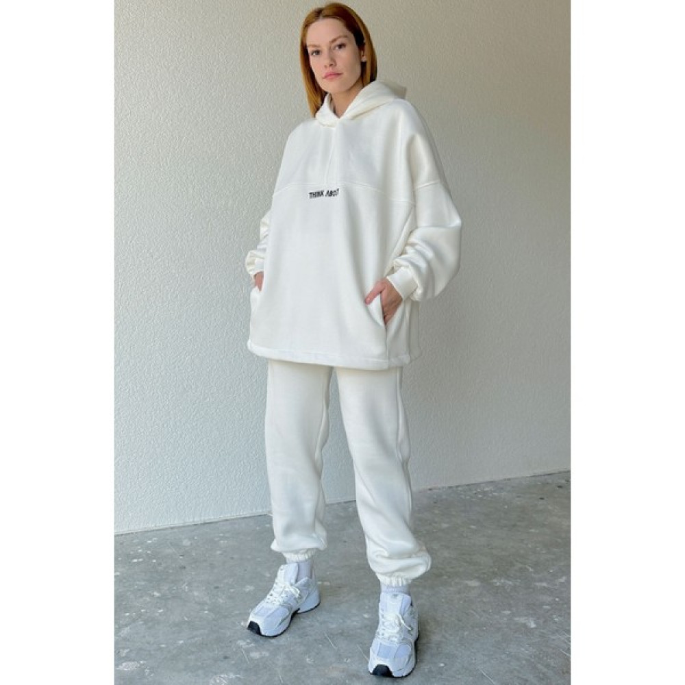 Cappmoda TKM-03508 Beyaz I Dont Care Yazı Nakışlı Oversize Kapüşonlu Bağlamalı Sweatshirt Jogger Ikili Takım Kadın Eşofman Fiyatı