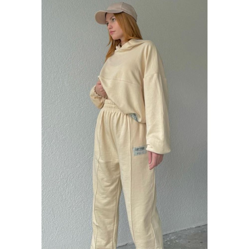 Cappmoda Tkm-03524 Krem Rengi Crop Kapüşonlu Jogger Üç İplik İkili Takım Kadın Eşofman Fiyatı