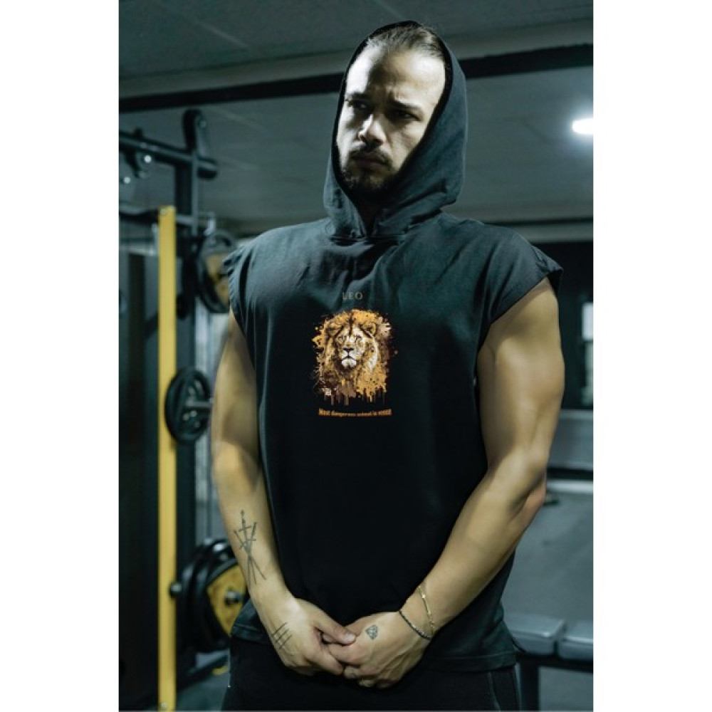 Capshon Aslan Leo Sporcu Atleti Gym Toptank Kapşonlu "mekandaki En Tehlikeli Hayvan" Capshon® Erkek T-shirt Fiyatı