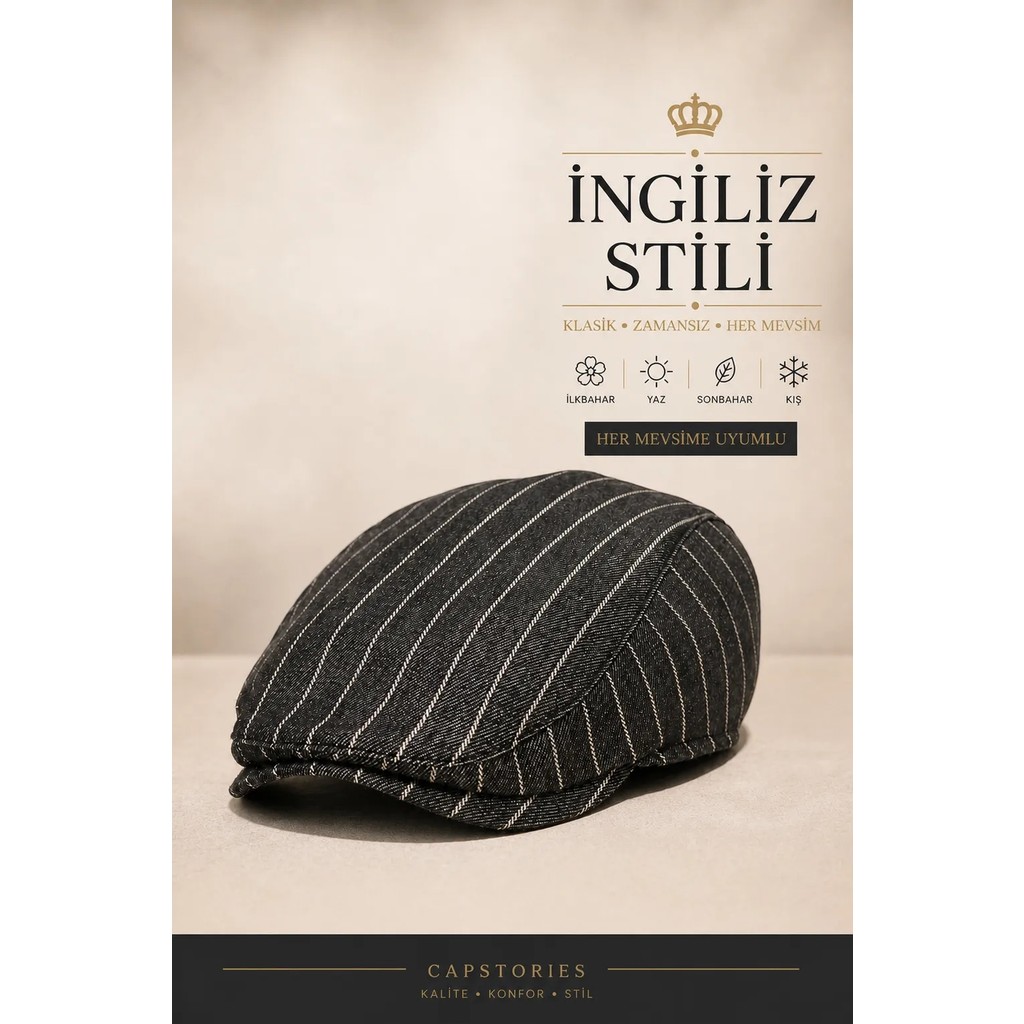 Capstories Erkek Gri Çizgili Kasket – İngiliz Stili (Peaky Blinders) | Klasik Flat Cap M-L Diğer Fiyatı