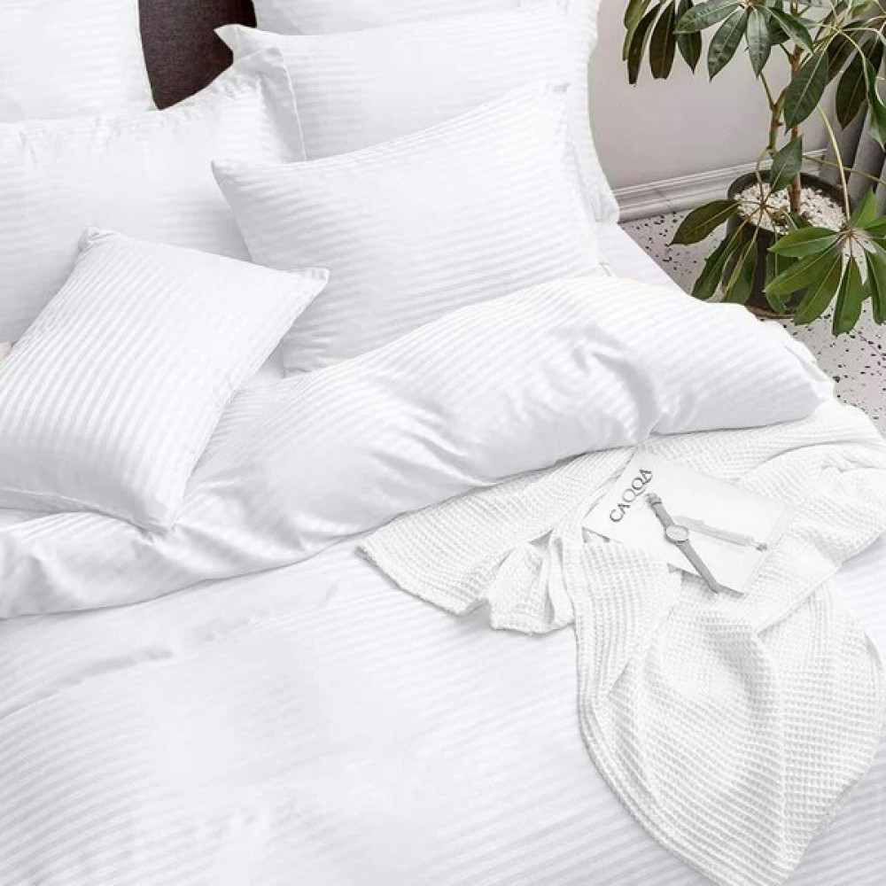 Caqqa Çift Kişilik Çarşafı Lastikli Çizgili Beyaz Saten Nevresim Takımı - 160 x 200 cm Nevresim Takımı Fiyatı