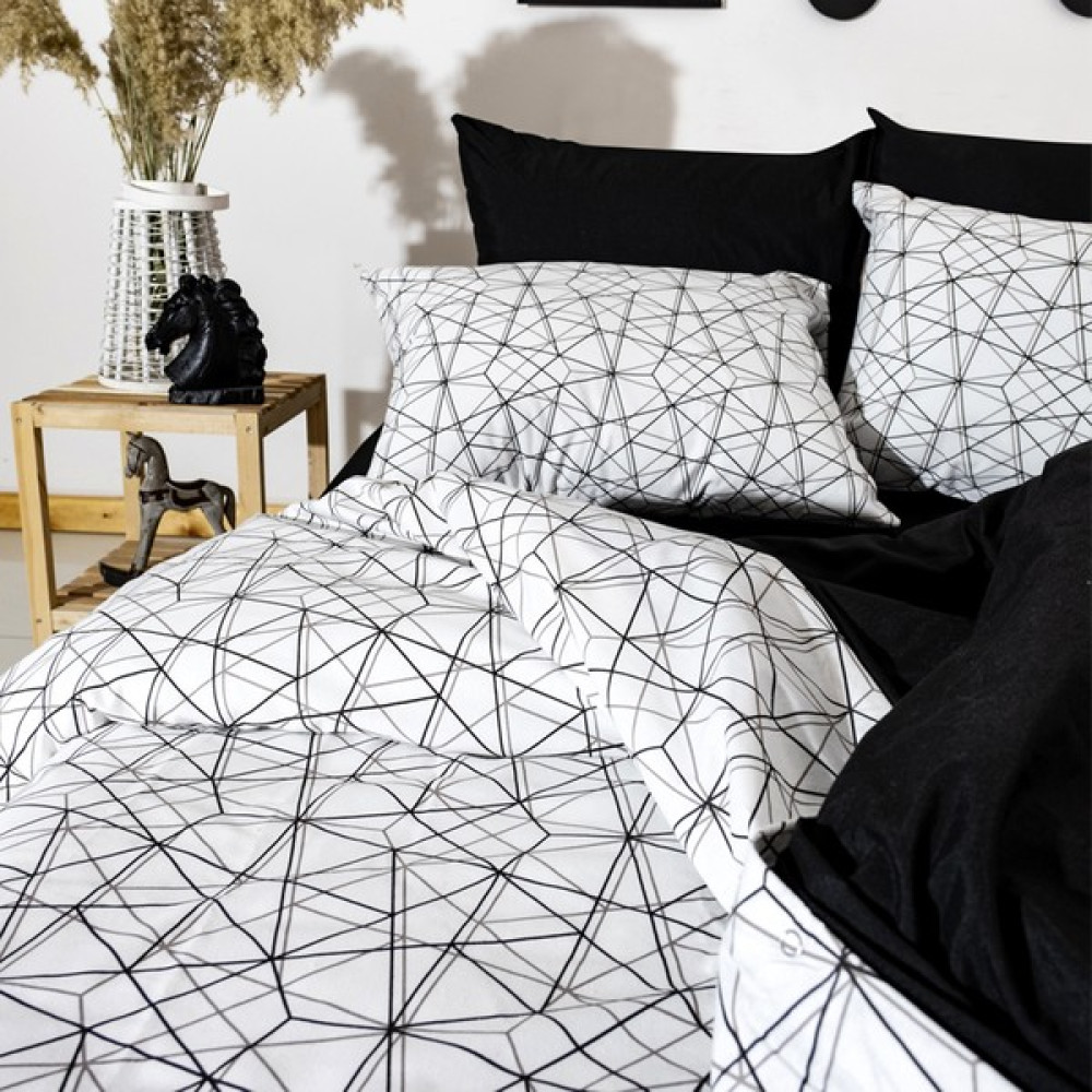 Caqqa Geometrie Çift Kişilik Çarşafı Lastikli Pamuk Nevresim Takımı - 160 x 200 cm - Siyah - Beyaz Nevresim Takımı Fiyatı