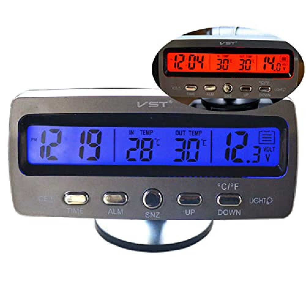 Car Clock Thermometer Voltmeter Gauge Calendar 4 in 1, 12V Multiple Function Internal and Outer Car Digital Thermometer Rainproof, Celsius or Fahrenheit Temperature Gauge, Calendar LCD (Blue Orange)