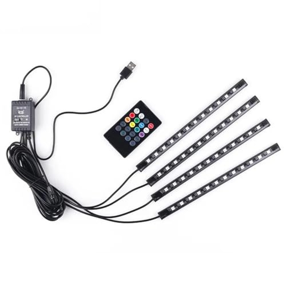 Car LED Strip Lights, 4Pcs 48 LED Interior Lights, Multicolor Music Car Strip Light Under Dash Lighting Kit with Sound Active Function and Remote Controller, DC 12V