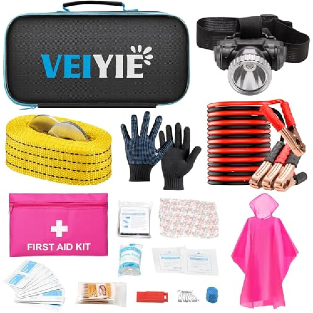 Car Roadside Emergency Kit with Jumper Cables, Car First Aid Kit Emergency Kit for Vehicles, Car Safety Roadside Assistance Kit Headlamp, Tow Straps, Gloves, Essential Car Accessories for Men, Women