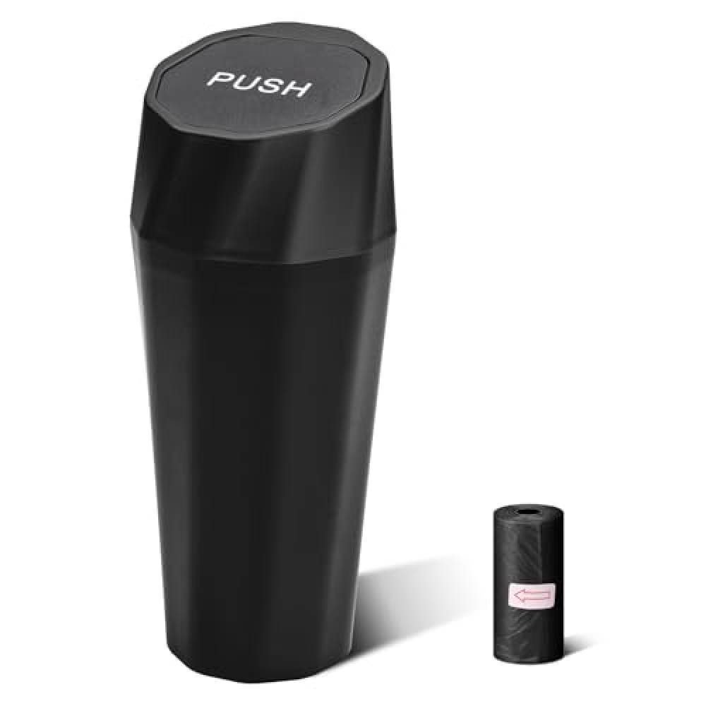 Car Trash Can Bin with Lid - Car Garbage Can with 20pcs Trash Bags for Cup Holder - Black Leakproof Mini Vehicle Trash Bin for SUV Truck - Small Car Organizers and Storage for Door Front Back Seat