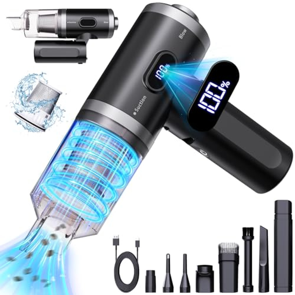 Car Vacuum Portable Cordless,7 in 1 Handheld Vacuum 90° Foldable,14000PA Suction Power, Brushless Motor, LCD Display, LED Light, Portable Vacuum Cleaner for Home and Car,Kitchen,Office Desk, Keyboards