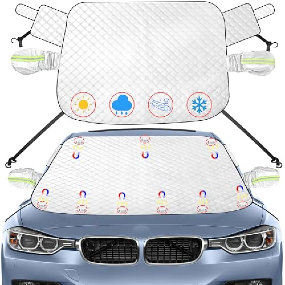 Car Windshield Cover - 600D Windshield Snow Cover with Magnet Protects Side Mirror Cover, Waterproof & Standard Winter Frost Hail Protector for Most Car, Truck, SUV, Van and MPV (59 x 50 Inch)