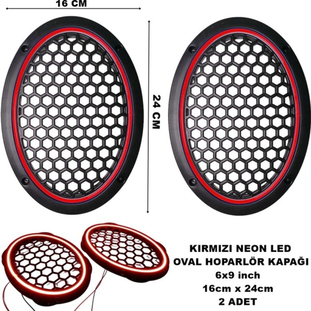 Caraks 16X24 cm 6x9 Inch Neon LED Işıklı Midrange Oval Hoparlör Kapağı Çiftli (2 Adet) Kırmızı Renk Oto Teypleri Fiyatı
