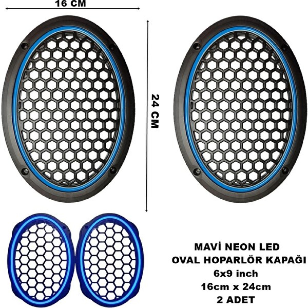 Caraks 16X24 cm 6x9 Inch Neon LED Işıklı Midrange Oval Hoparlör Kapağı Çiftli (2 Adet) Mavi Renk Oto Teypleri Fiyatı