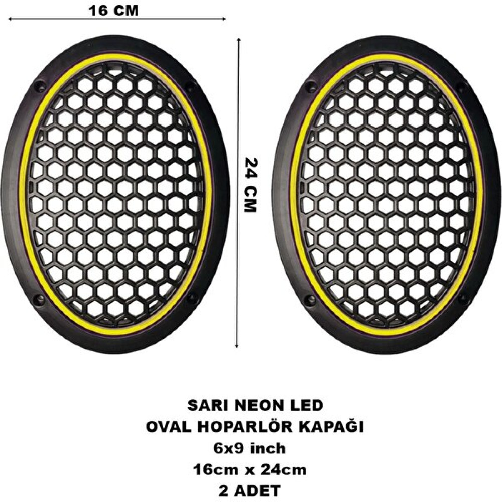 Caraks 16X24 cm 6x9 Inch Neon LED Işıklı Midrange Oval Hoparlör Kapağı Çiftli (2 Adet) Sarı Renk Oto Teypleri Fiyatı