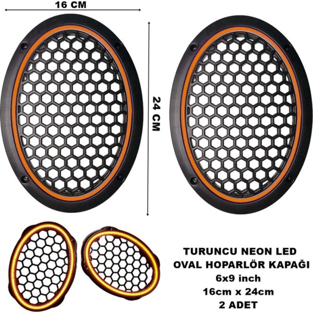 Caraks 16X24 cm 6x9 Inch Neon LED Işıklı Midrange Oval Hoparlör Kapağı Çiftli (2 Adet) Turuncu Renk Oto Teypleri Fiyatı