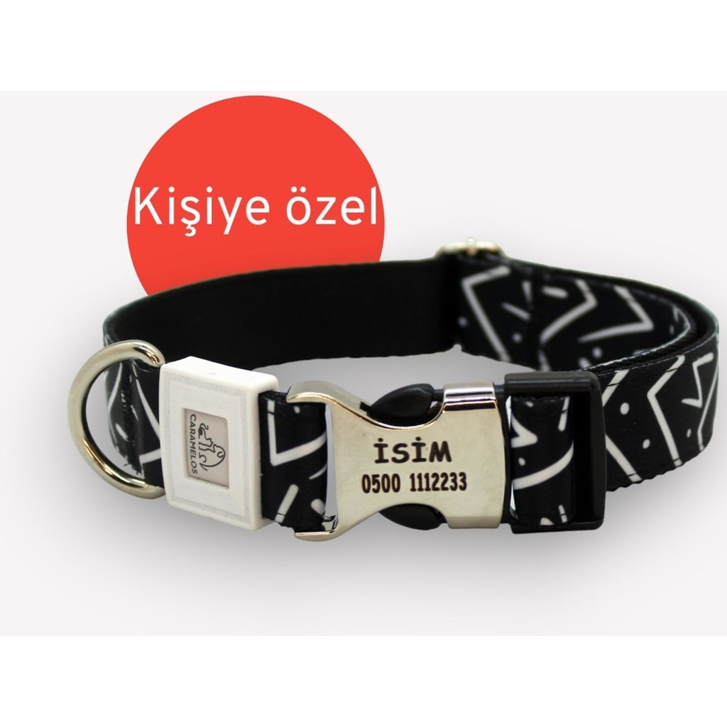 Caramelos Isimli Kişiye Özel Orta ve Büyük Irk Ayarlanabilir Köpek Boyun Tasması 2,5 cm - Siyah - Beyaz Evcil Hayvan Ürünleri Fiyatı