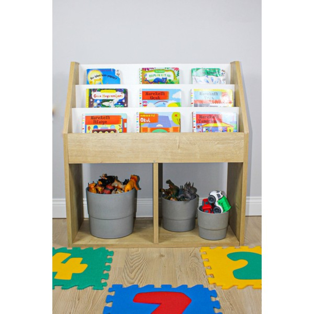 Carniella Bebek - Çocuk Odası Montessori 3 Kademeli Kitaplık - Beyaz - Meşe Kitaplık Fiyatı
