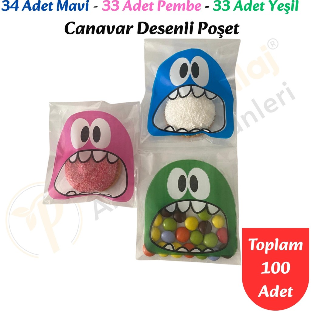 Carpcorn 100 Adet Mavi-Pembe-Yeşil Renkli Canavar Desenli Cake Pop & Kurabiye POŞETI-10X15 cm - 10 x 15 cm Giyim & İç Giyim Fiyatı