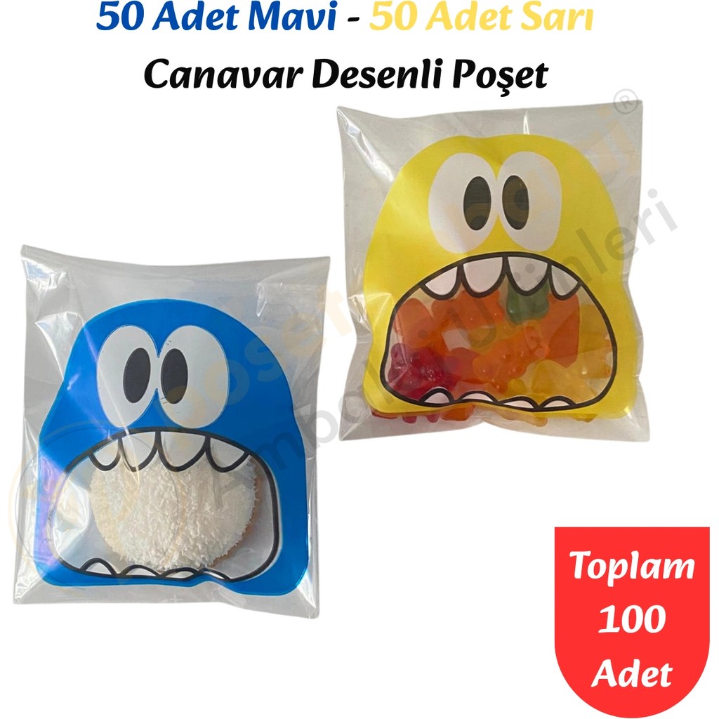 Carpcorn 100 Adet Mavi-Sarı Renkli Canavar Desenli Cake Pop & Kurabiye POŞETI-10X15 cm - 10 x 15 cm Giyim & İç Giyim Fiyatı