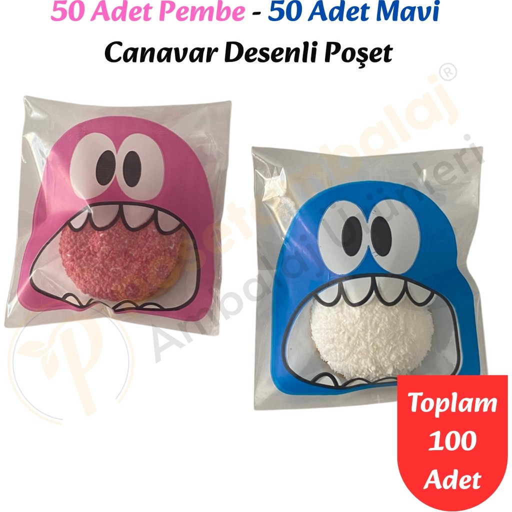 Carpcorn 100 Adet Pembe-Mavi Renkli Canavar Desenli Cake Pop & Kurabiye POŞETI-10X15 cm - 10 x 15 cm Giyim & İç Giyim Fiyatı