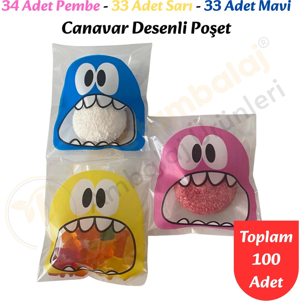 Carpcorn 100 Adet Pembe-Sarı-Mavi Renkli Canavar Desenli Cake Pop & Kurabiye POŞETI-10X15 cm - 10 x 15 cm Giyim & İç Giyim Fiyatı