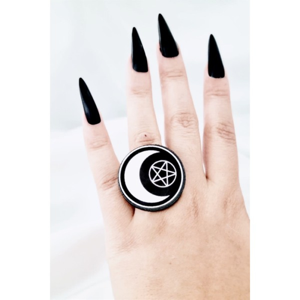 Carpe Gothic Ay Pentagram Yüzük - Beyaz - Sarı - S / M Bijuteri Yüzük Fiyatı