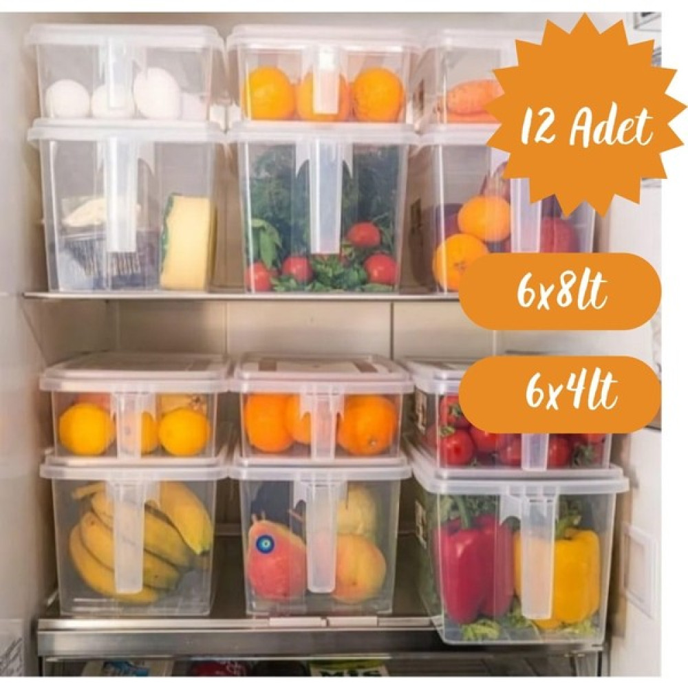 Carpe Kitchen 12'li Tutma Kollu Kapaklı Çok Amaçlı Erzak Saklama Kabı Buzdolabı Düzenleyici Organizer 6X8LT+6X4LT Saklama Kapları Fiyatı