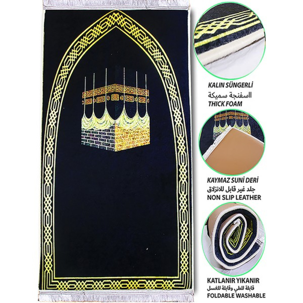 Carpetella 3 cm Kalın Süngerli Seccade Diz Ağrıtmaz Siyah Kabe Desenli Namazlık - Sarı - Siyah - 70 x 120 cm Seccade Fiyatı