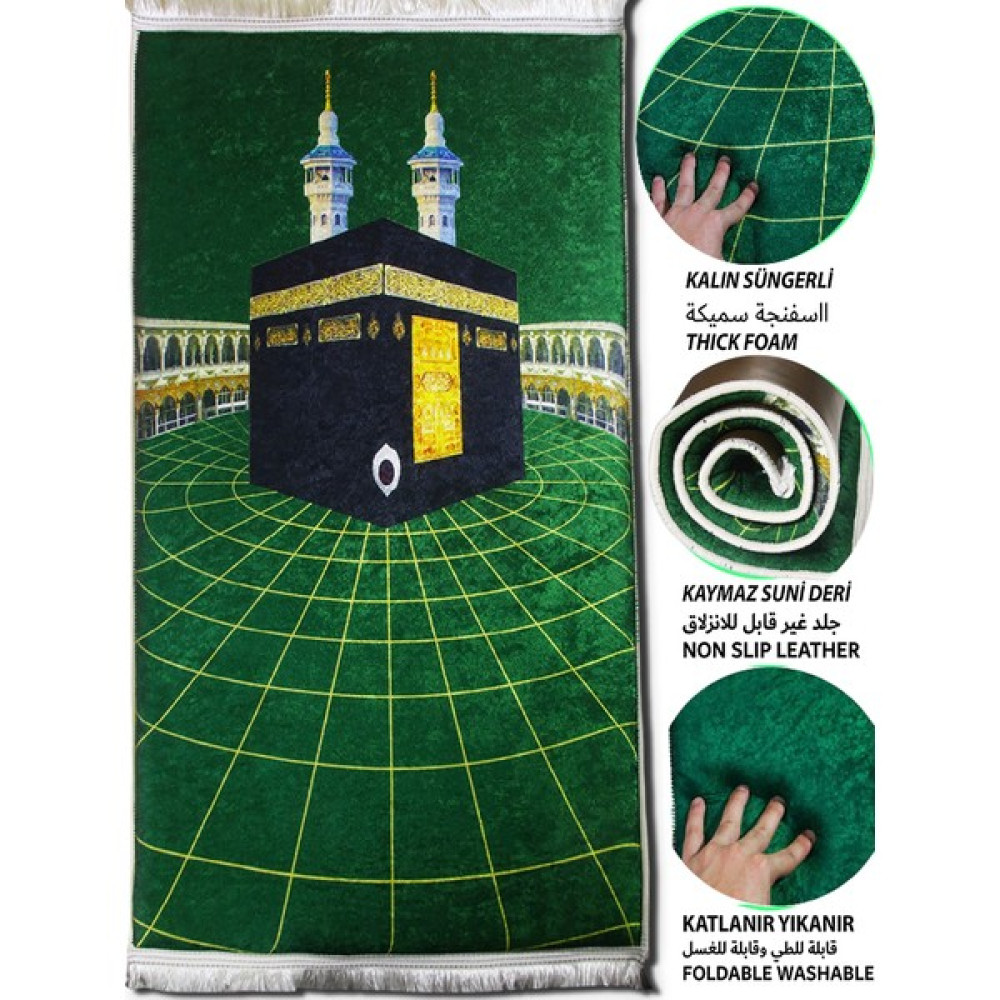 Carpetella 3 cm Kalın Süngerli Seccade Diz Ağrıtmaz Yeşil Kabe Desenli Yıkanabilir Namazlık - Açık Yeşil - 70 x 120 cm Seccade Fiyatı
