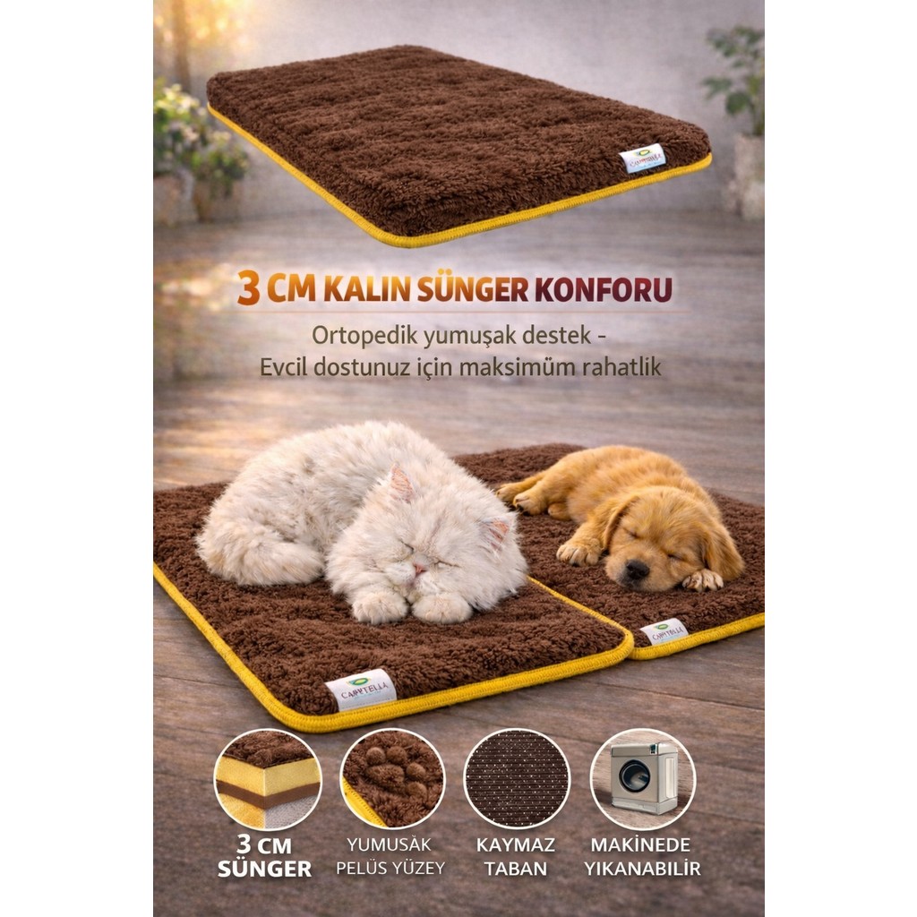 Carpetella 3 cm Süngerli Ortopedik Kedi Köpek Yatağı – Kaymaz Tabanlı Peluş Pet Mat Minderi - 70 x 120 cm - Kahverengi Anne Bebek Oyuncak Fiyatı