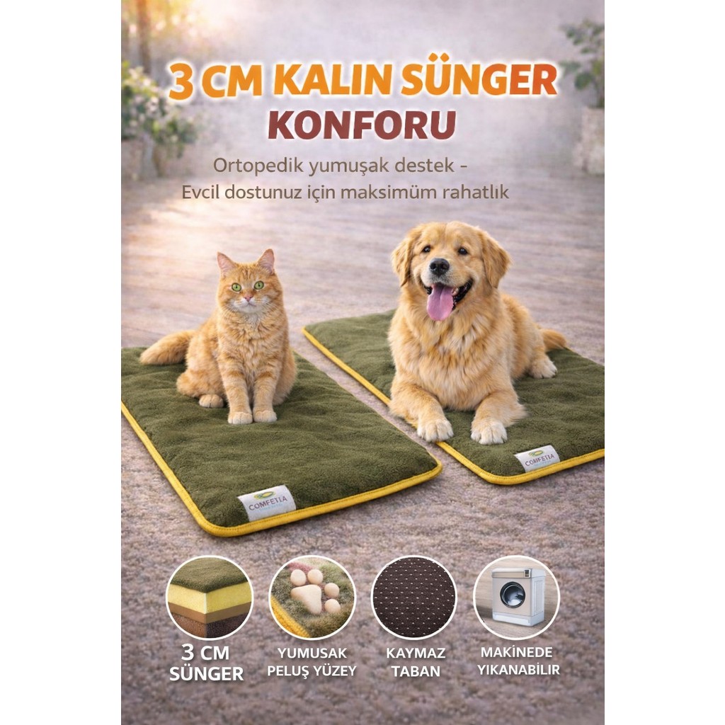 Carpetella 3 cm Süngerli Ortopedik Kedi Köpek Yatağı – Kaymaz Tabanlı Peluş Pet Mat Minderi - 70 x 80 cm - Haki Anne Bebek Oyuncak Fiyatı