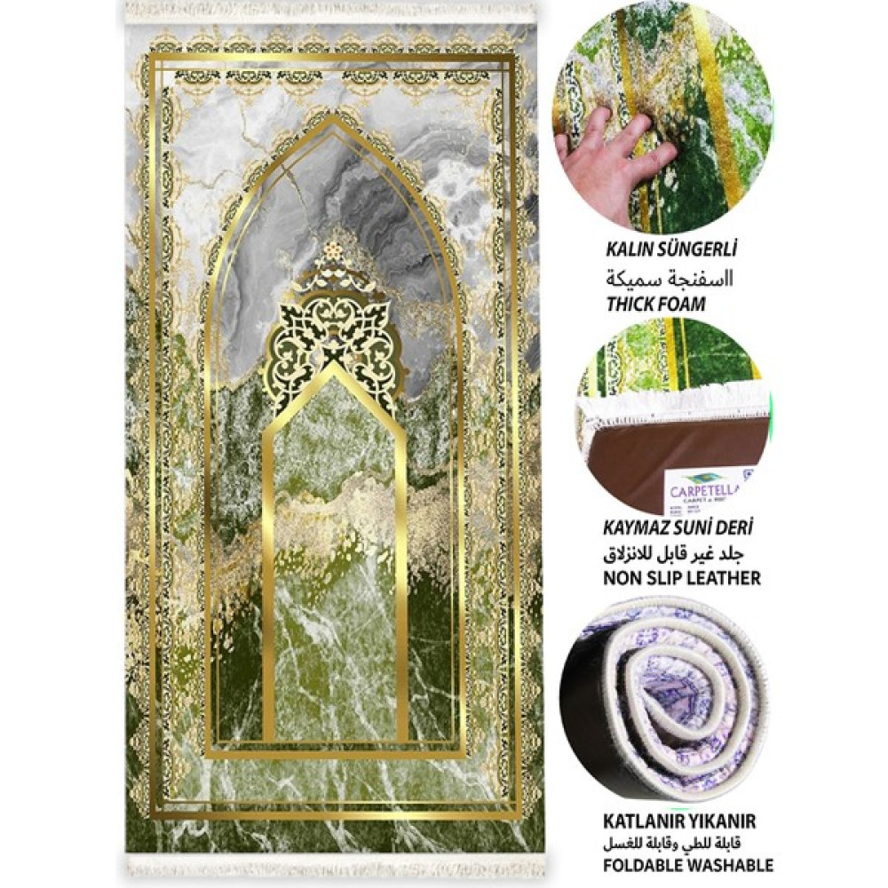 Carpetella Kalın Süngerli Yeşil Mermer Seccade Diz Ağrıtmaz Yıkanabilir Namazlık Diz Ağrıtmaz Çeyizlik - Yeşil - Gold - 70 x 120 cm Seccade Fiyatı