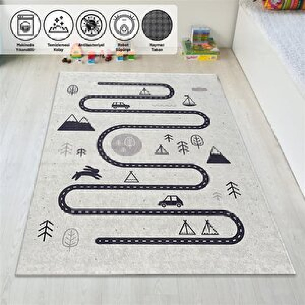 Carpettex Beyaz Çocuk Bebek Oyun Halısı Trafik Temalı Kaymaz Yıkanabilir 80x50 cm Bebek Odası Halı Fiyatı