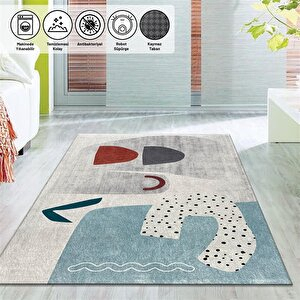 Carpettex Çocuk Bebek Halısı Bohem Fil Desenli Gri Halı Yıkanabilir Kaymaz 120x160 cm Bebek Odası Halı Fiyatı