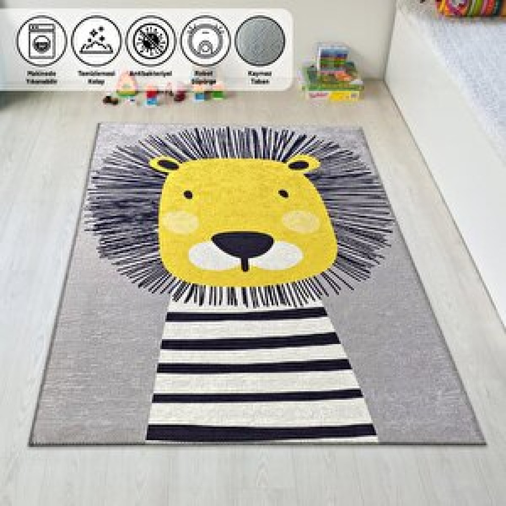 Carpettex Çocuk Bebek Halısı Sevimli Aslan Desenli Gri Halı Yıkanabilir Kaymaz Taban 60x100 cm Bebek Odası Halı Fiyatı