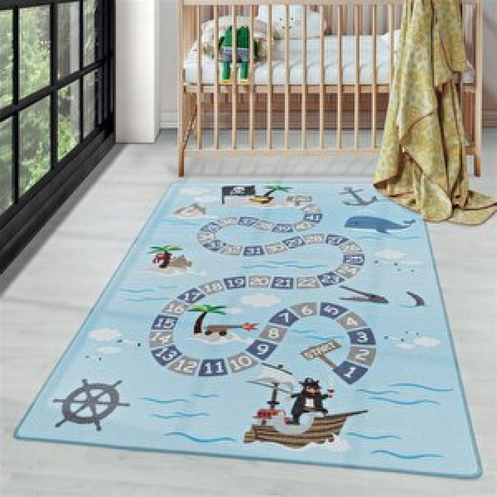 Carpettex Çocuk Bebek Odası Oyun Halısı Deniz Korsan Sayılar Temalı Mavi Tonlarda 140x200 cm Bebek Odası Halı Fiyatı