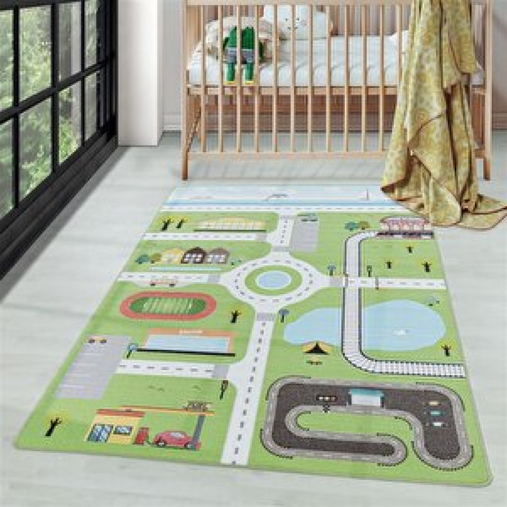 Carpettex Çocuk Bebek Odası Oyun Halısı Şehir Ve Trafik Temalı Yeşil Tonlarda 140x200 cm Bebek Odası Halı Fiyatı
