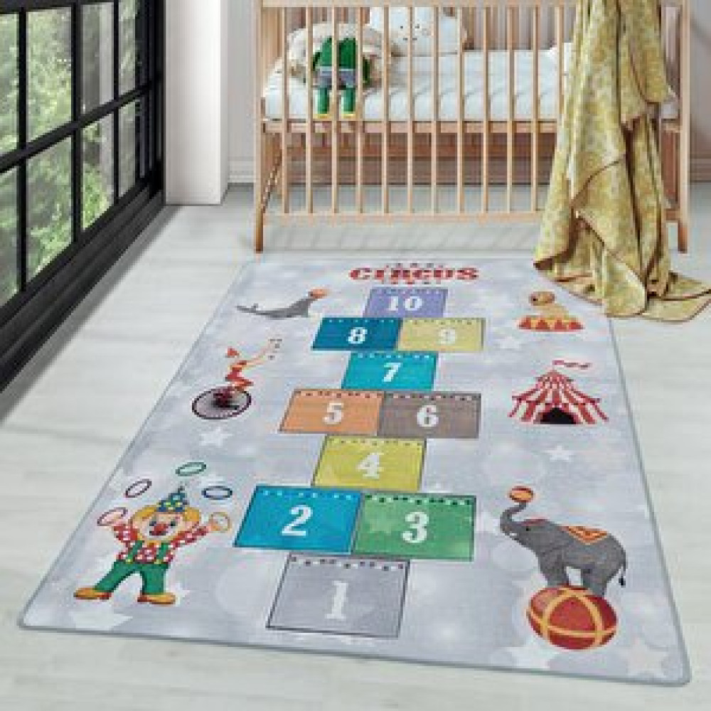 Carpettex Çocuk Bebek Odası Oyun Halısı Sirk Ve Seksek Temalı Gri Tonlarda 140x200 cm Bebek Odası Halı Fiyatı