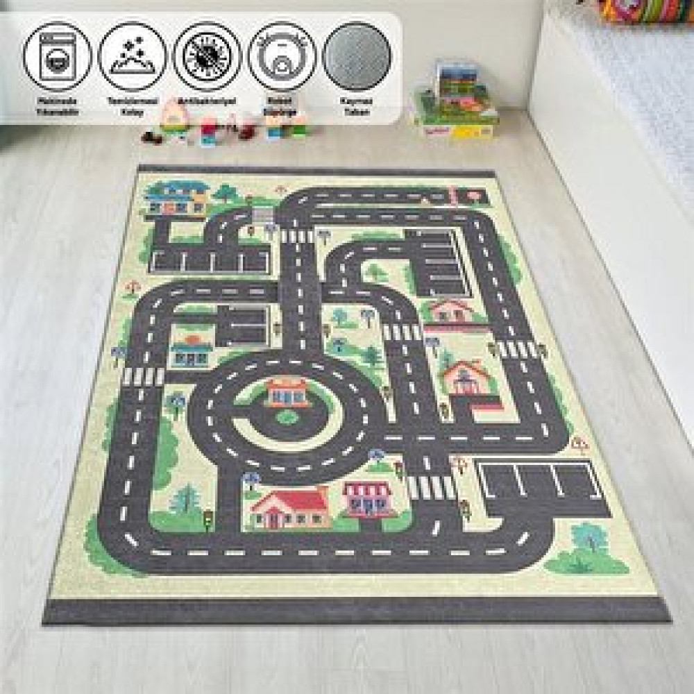 Carpettex Çocuk Bebek Odası Oyun Halısı Trafik Temalı Sarı Gri Halı Kaymaz Taban Yıkanabilir 80x50 cm Bebek Odası Halı Fiyatı