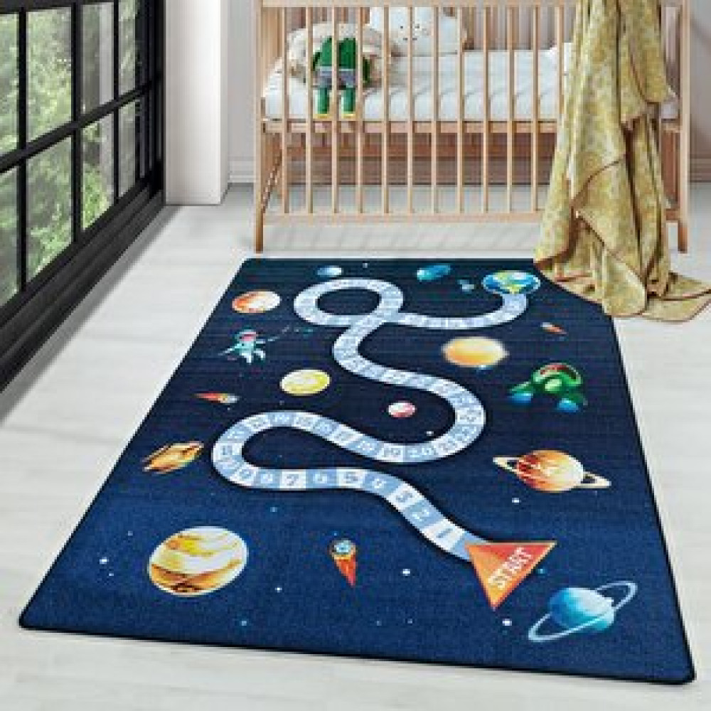 Carpettex Çocuk Bebek Odası Oyun Halısı Uzay Gezegenler Temalı Lacivert Tonlarda 140x200 cm Bebek Odası Halı Fiyatı