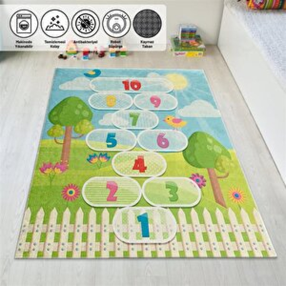 Carpettex Çocuk Bebek Oyun Halısı Seksek Yeşil Mavi Halı Yıkanabilir Kaymaz 160x230 cm Bebek Odası Halı Fiyatı