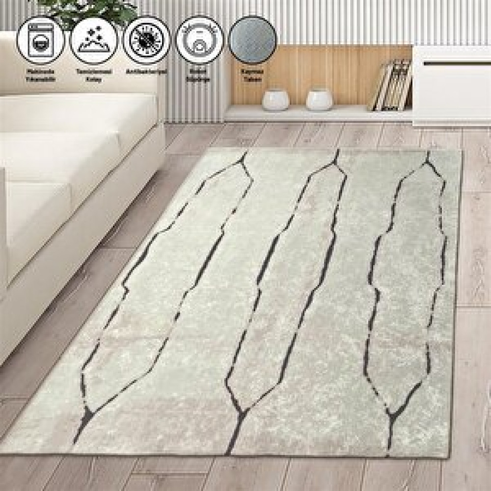Carpettex İskandinav Çizgi Desenli Krem Renkli Modern Halı Kaymaz Taban Makinada Yıkanabilir 120x160 cm Salon & Oturma Odası Tekstili Fiyatı