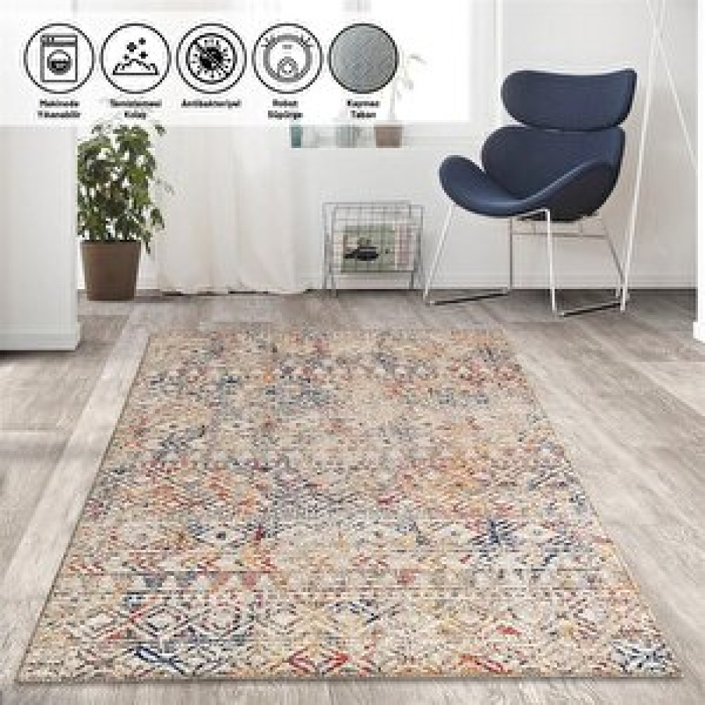 Carpettex İskandinav Eskitme Kilim Desenli Bej Krem Halı Kaymaz Taban Makinada Yıkanabilir 120x160 cm Salon & Oturma Odası Tekstili Fiyatı