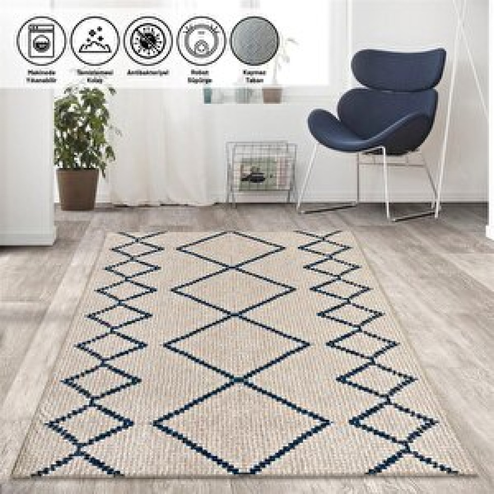 Carpettex İskandinav Tarzı Sonsuz Karo Desenli Krem Halı Kaymaz Taban Makinada Yıkanabilir 100x150 cm Salon & Oturma Odası Tekstili Fiyatı