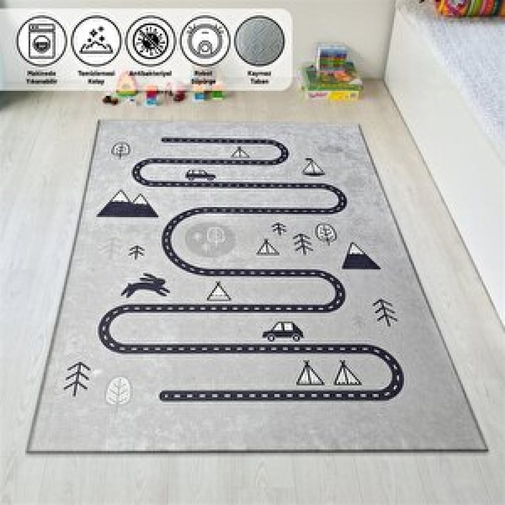 Carpettex Yıkanabilir Kaymaz Taban Çocuk Bebek Odası Oyun Halısı Trafik Temalı Gri Halı 100x150 cm Bebek Odası Halı Fiyatı