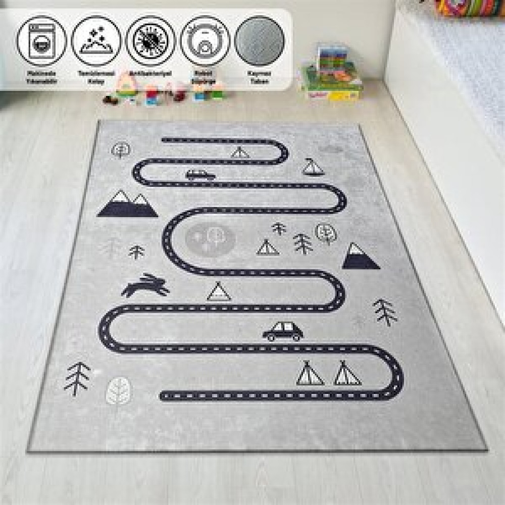 Carpettex Yıkanabilir Kaymaz Taban Çocuk Bebek Odası Oyun Halısı Trafik Temalı Gri Halı 60x100 cm Bebek Odası Halı Fiyatı