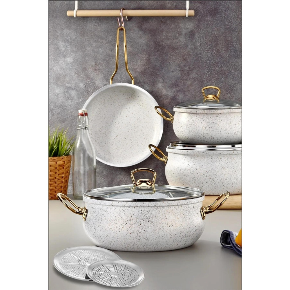 çarşıdayız 9 Parça Gold Demir Kulp Beyaz Granit Tencere Seti 28 Cm ( Dolma Sarma Altlığı Hediye) Tencere / Tava Setleri Fiyatı