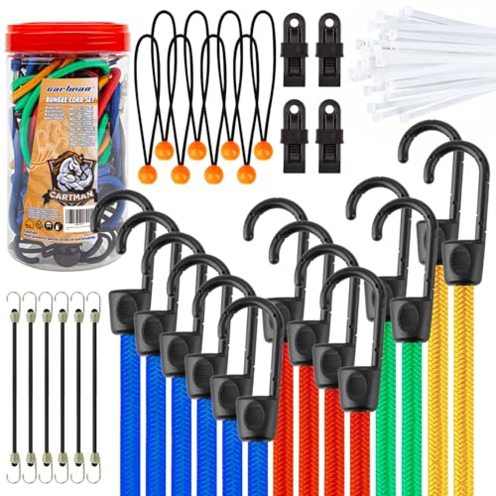 Cartman 32 Piece Bungee Cords Assortment Jar Includes 10" 18" 24" 32" 40" Bungee Cord with Hooks, 8" Canopy Tarp Ball Ties and Tarp Clips
